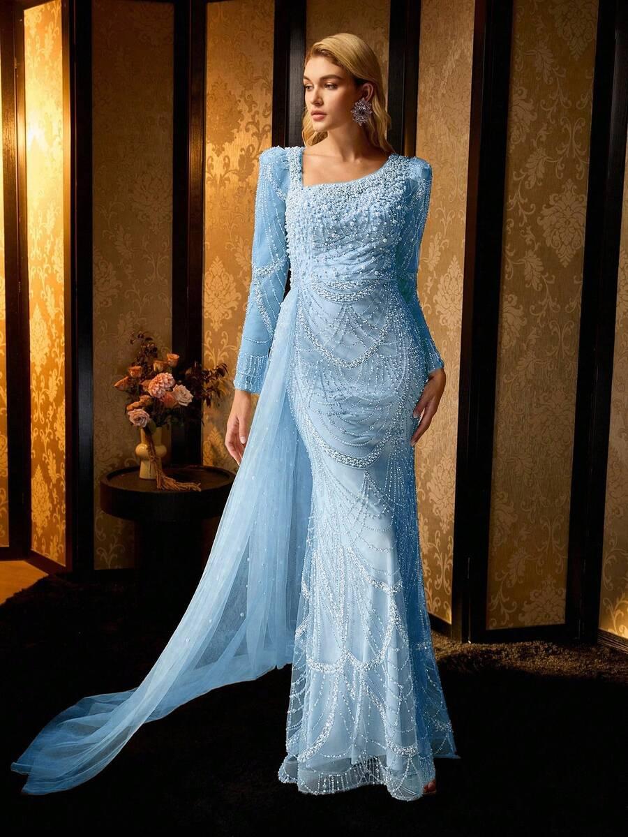 SHEIN NIEBIESKA MAXI SUKIENKA ZDOBIENIA S06__L