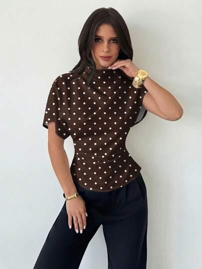 SHEIN BRĄZOWA BLUZKA W GROSZKI S06__XS