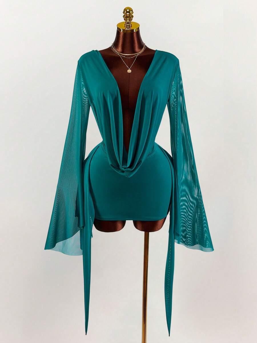SHEIN TURKUSOWA MINI SUKIENKA DŁUGI RĘKAW S06__M