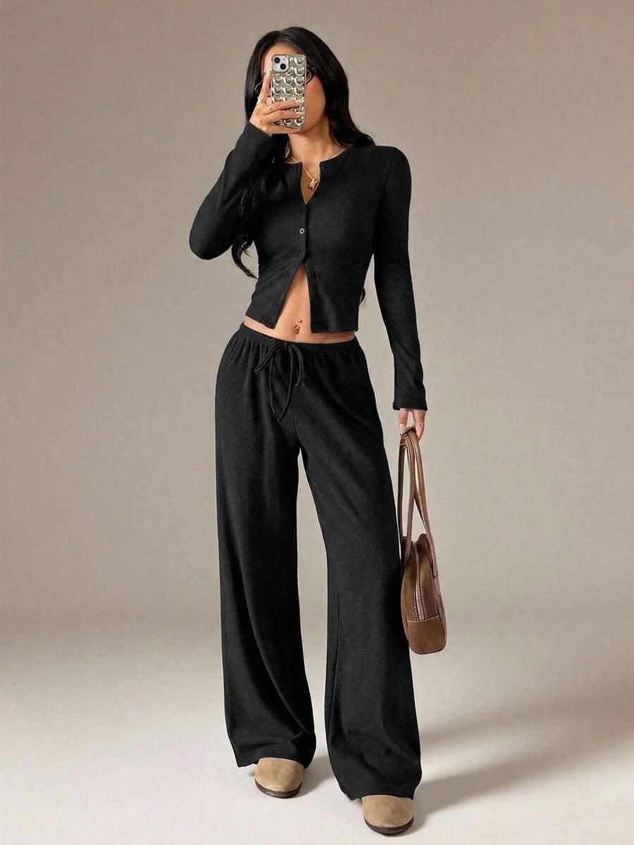 SHEIN CZARNY KOMPLET BLUZKA SPODNIE S06__L