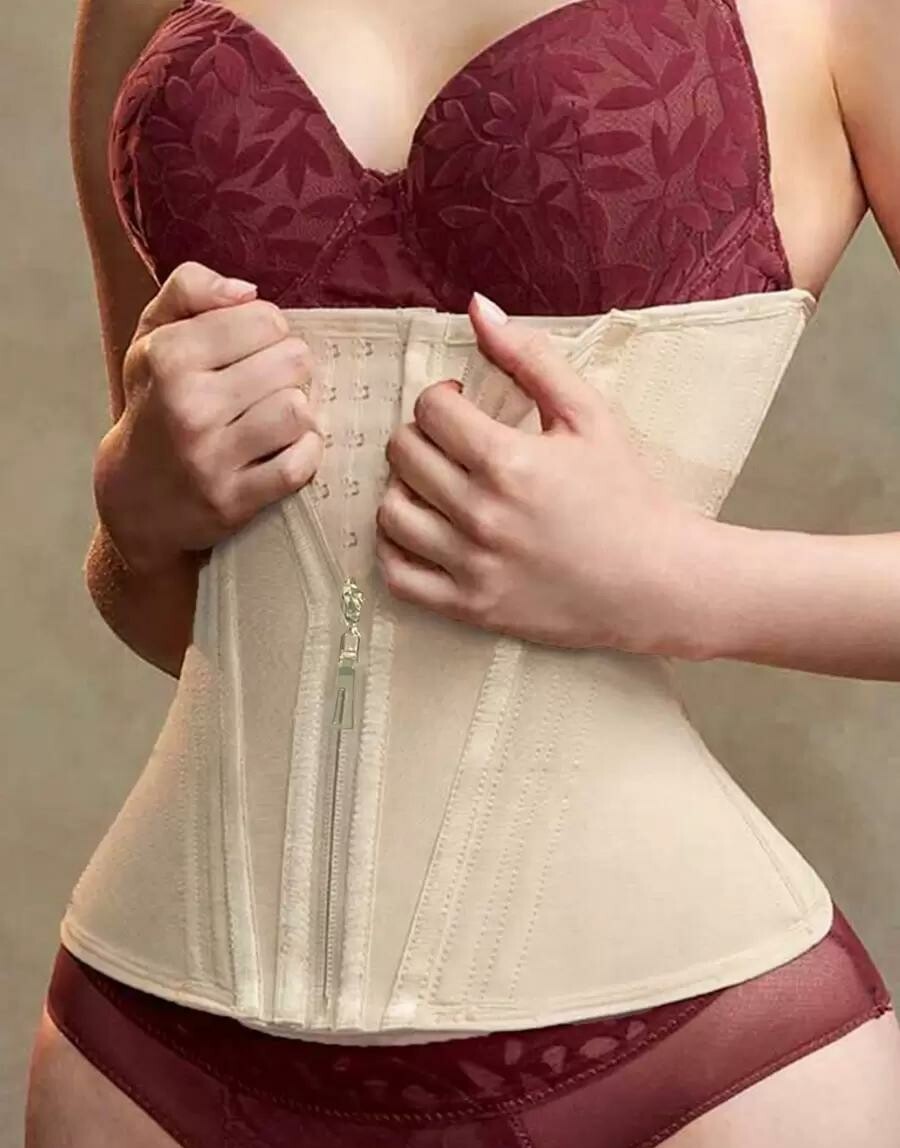SHEIN BEŻOWY GORSET PAS MODELUJĄCY ZAMEK HAFTKI PK01__S