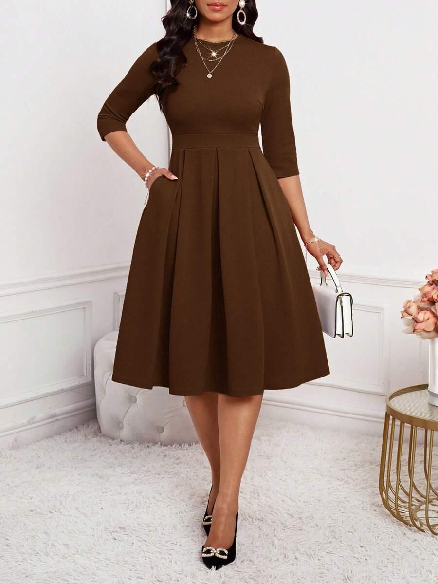 SHEIN BRĄZOWA MIDI SUKIENKA S06__S