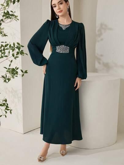 SHEIN ZIELONA MAXI SUKIENKA ZDOBIENIE S06__M