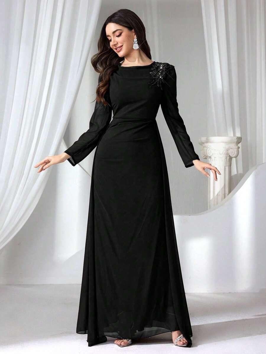 SHEIN CZARNA MAXI SUKIENKA ZDOBIENIA S06__L