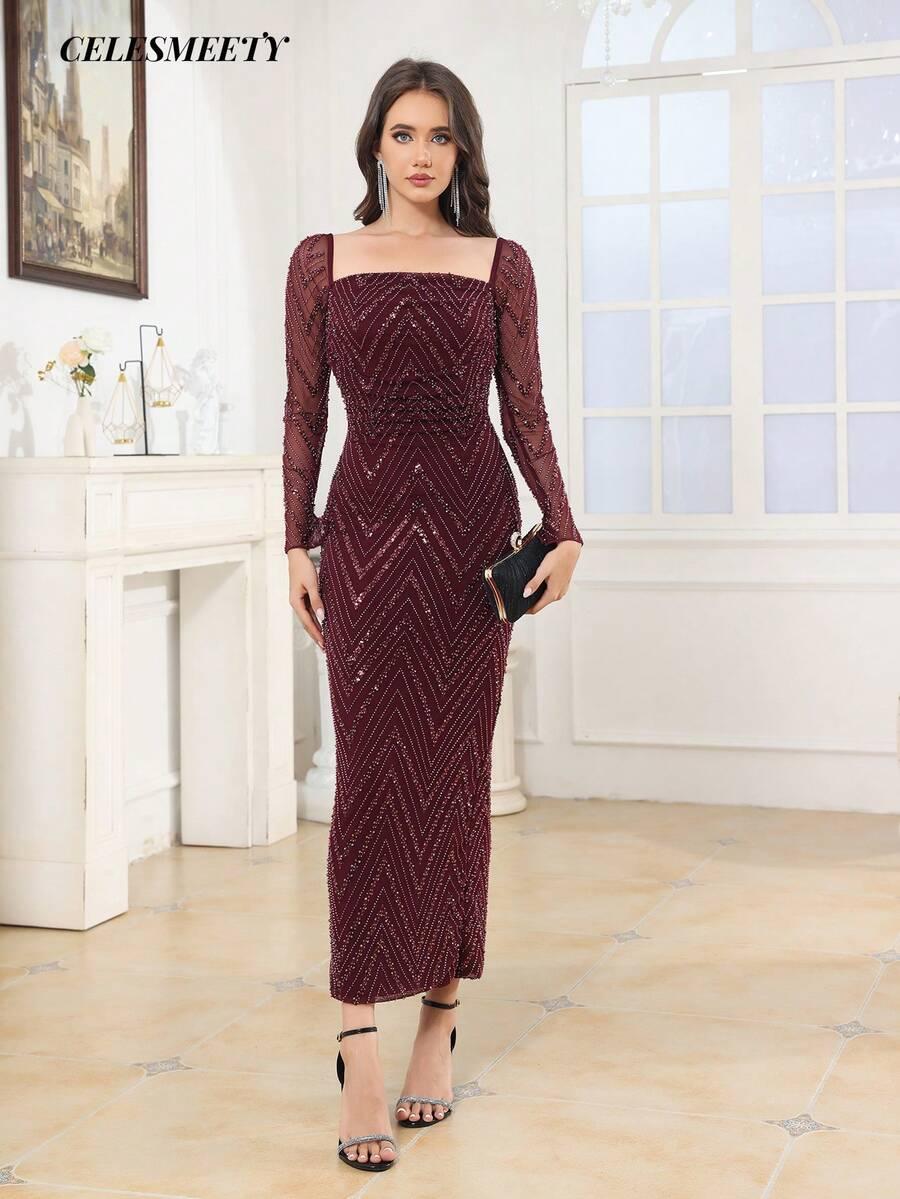 SHEIN BORDOWA MAXI SUKIENKA ZDOBIENIE PK01__XS