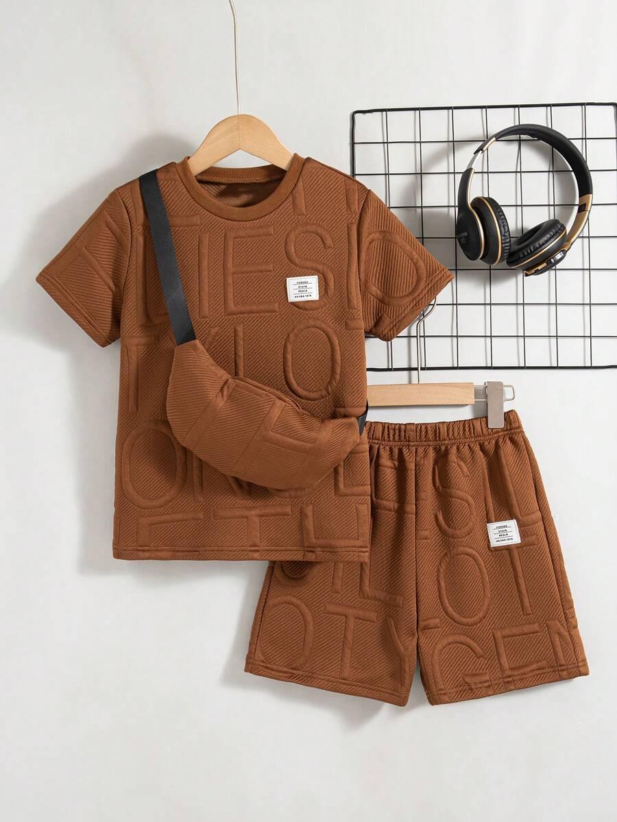 SHEIN BRĄZOWY KOMPLET T-SHIRT SPODENKI PK01__134-140