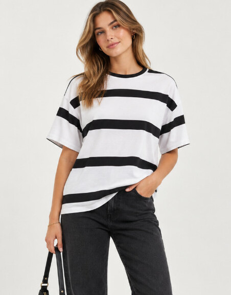 SHEIN T-SHIRT PASKI KONTRAST OKRĄGŁY DEKOLT PK01__S