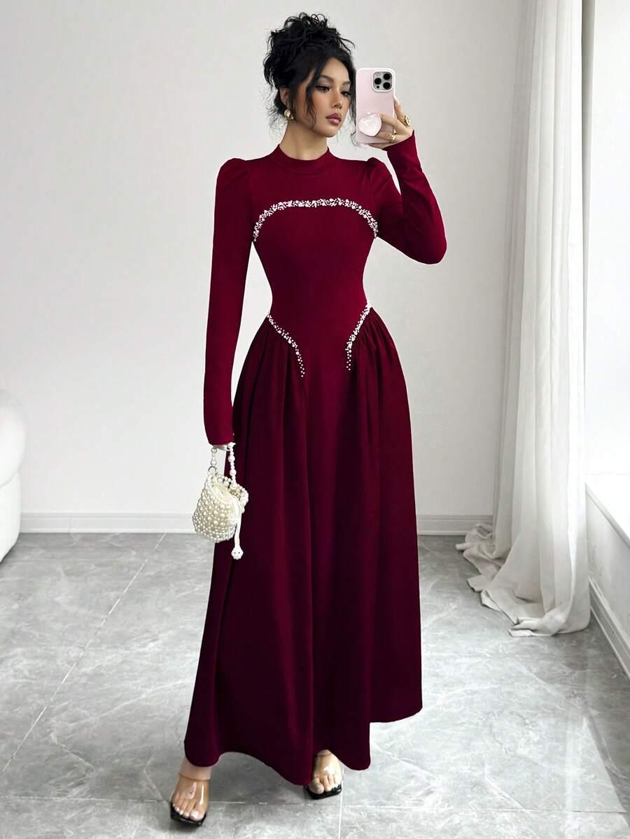 MODELYN CZERWONA MAXI SUKIENKA ZDOBIENIE S06__M