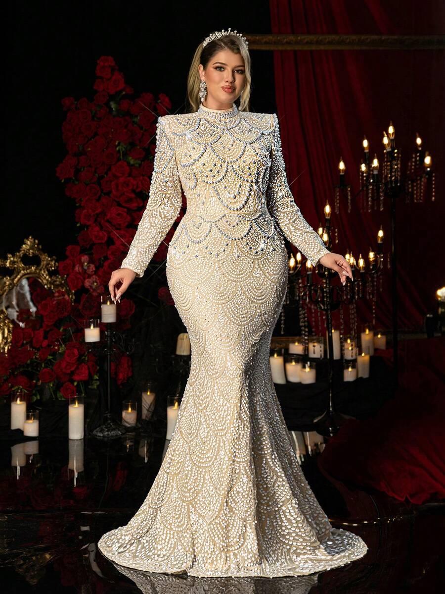 GLAMRAE BEŻOWA MAXI SUKIENKA ZDOBIENIA S06__46