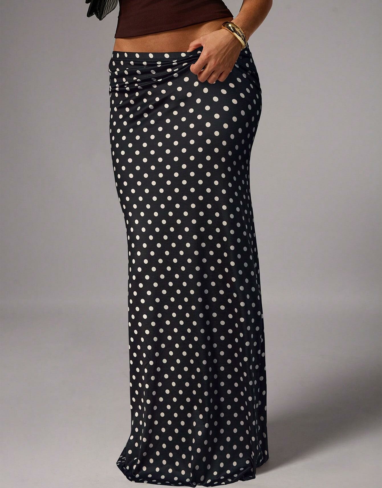 SHEIN CZARNA MAXI SPÓDNICA W GROSZKI S06__S