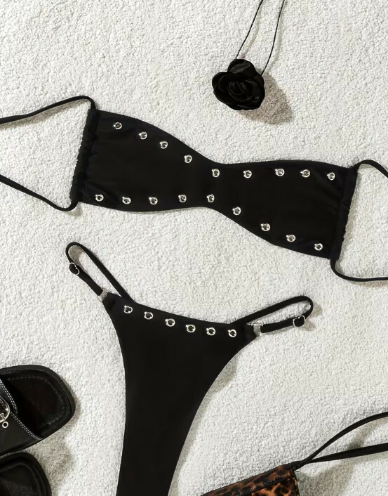 SHEIN CZARNA GÓRA OD BIKINI WIĄZANIE
