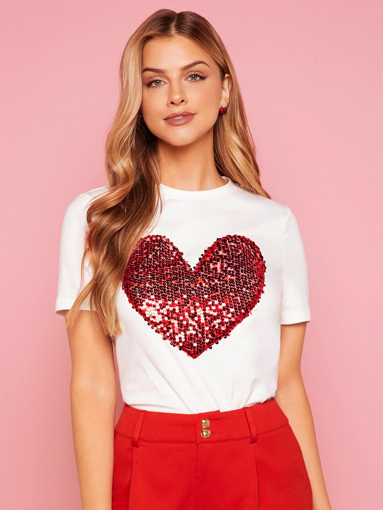 SHEIN BIAŁY T-SHIRT CEKINY SERCE S06__M