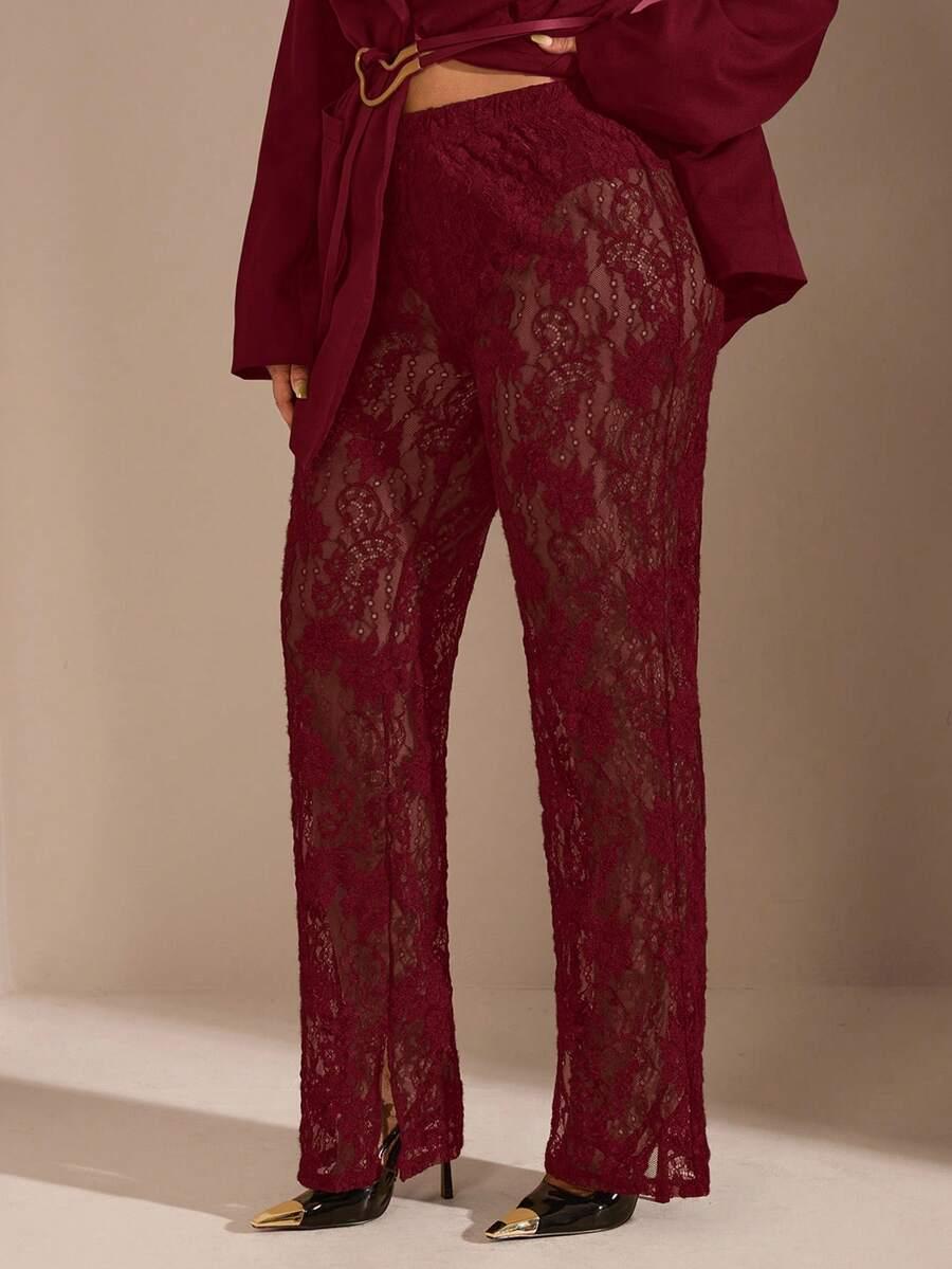SHEIN CZERWONE KORONKOWE SPODNIE S06__48