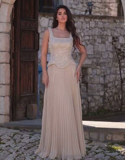 SHEIN BEŻOWA MAXI SUKIENKA ZDOBIENIE CEKINY S06__XL