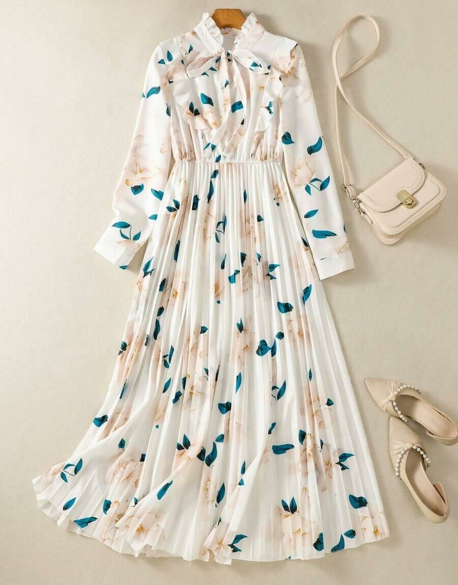 SHEIN MAXI SUKIENKA DŁUGI RĘKAW WIĄZANIE WZÓR ROŚLINNY S06__M