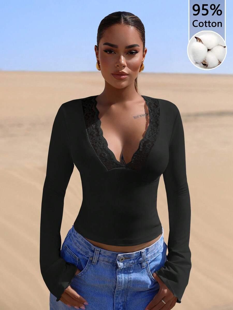 SHEIN CZARNA BLUZKA KORONKA S06__S