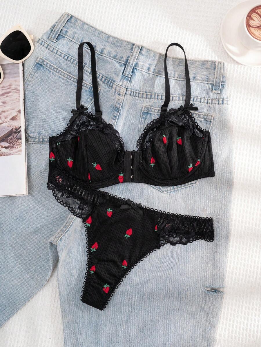 SHEIN CZARNY KOMPLET BIELIZNY BIUSTONOSZ MAJTKI S06__S