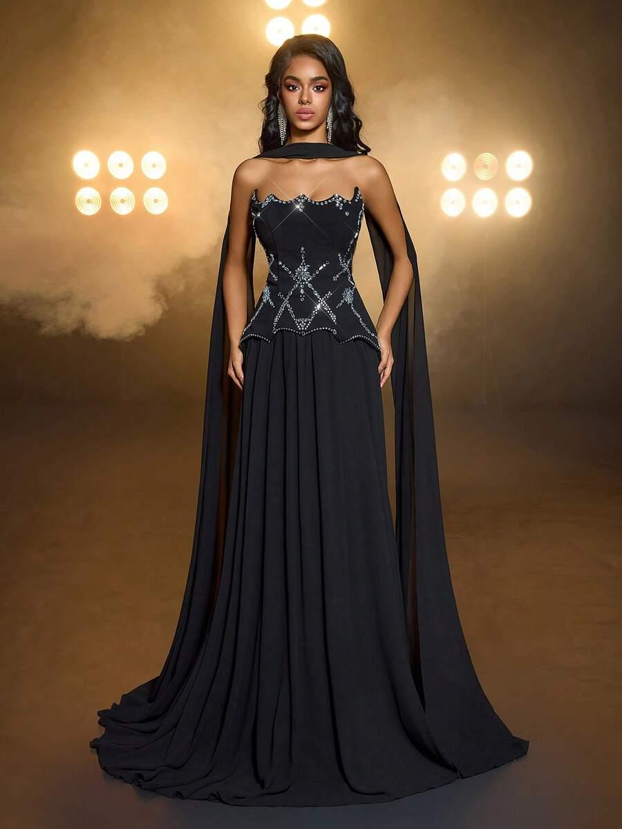 SHEIN CZARNA SUKIENKA ODKRYTE RAMIONA ZDOBIENIE SZAL S06__S