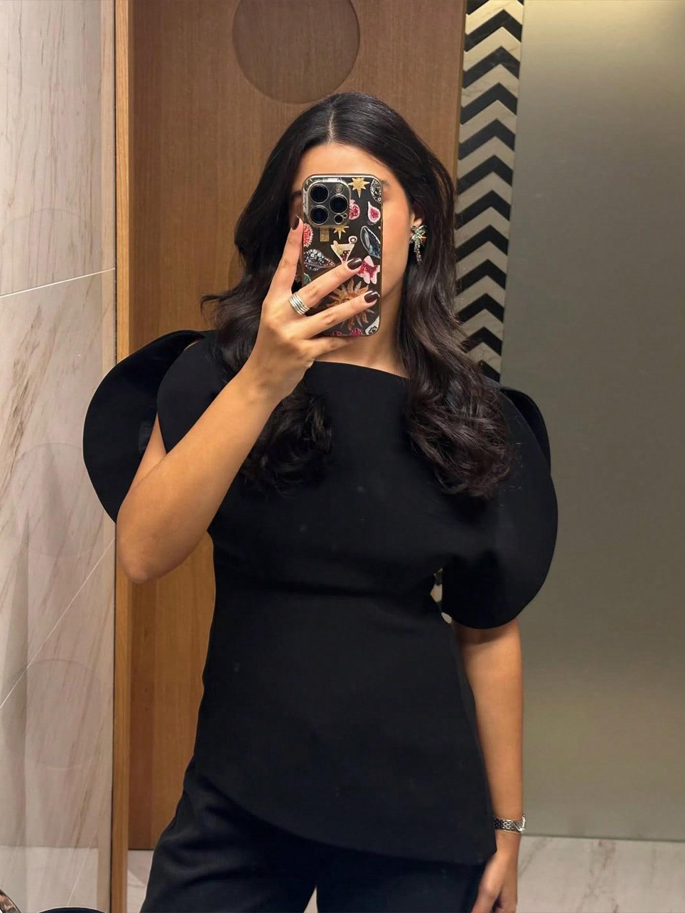 SHEIN CZARNA BLUZKA Z KRÓTKIM RĘKAWEM S06__S
