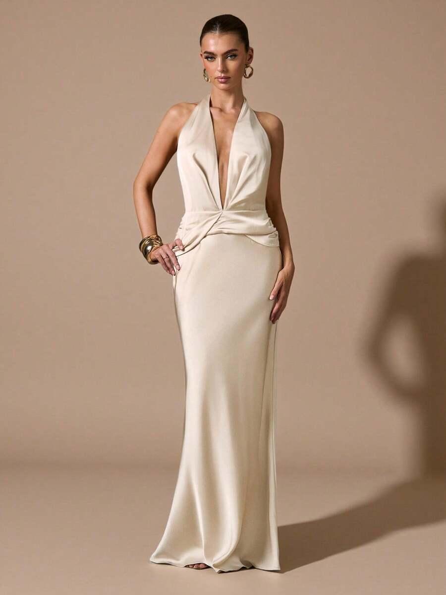 SHEIN ELEGANCKA MAXI SUKIENKA WIECZOROWA Z GŁĘBOKIM DEKOLTEM S06__XS