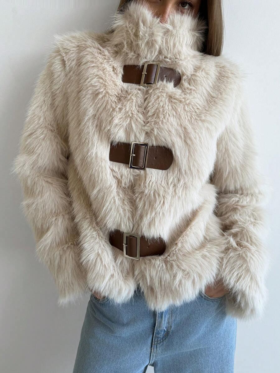 SHEIN BEŻOWE SZTUCZNE FUTRO W01__L