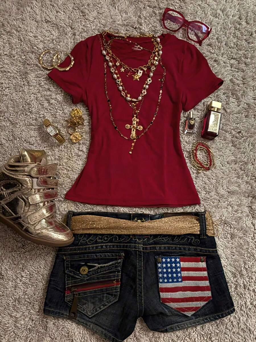 SHEIN CZERWONY TOP KRÓTKI RĘKAW S06__XS