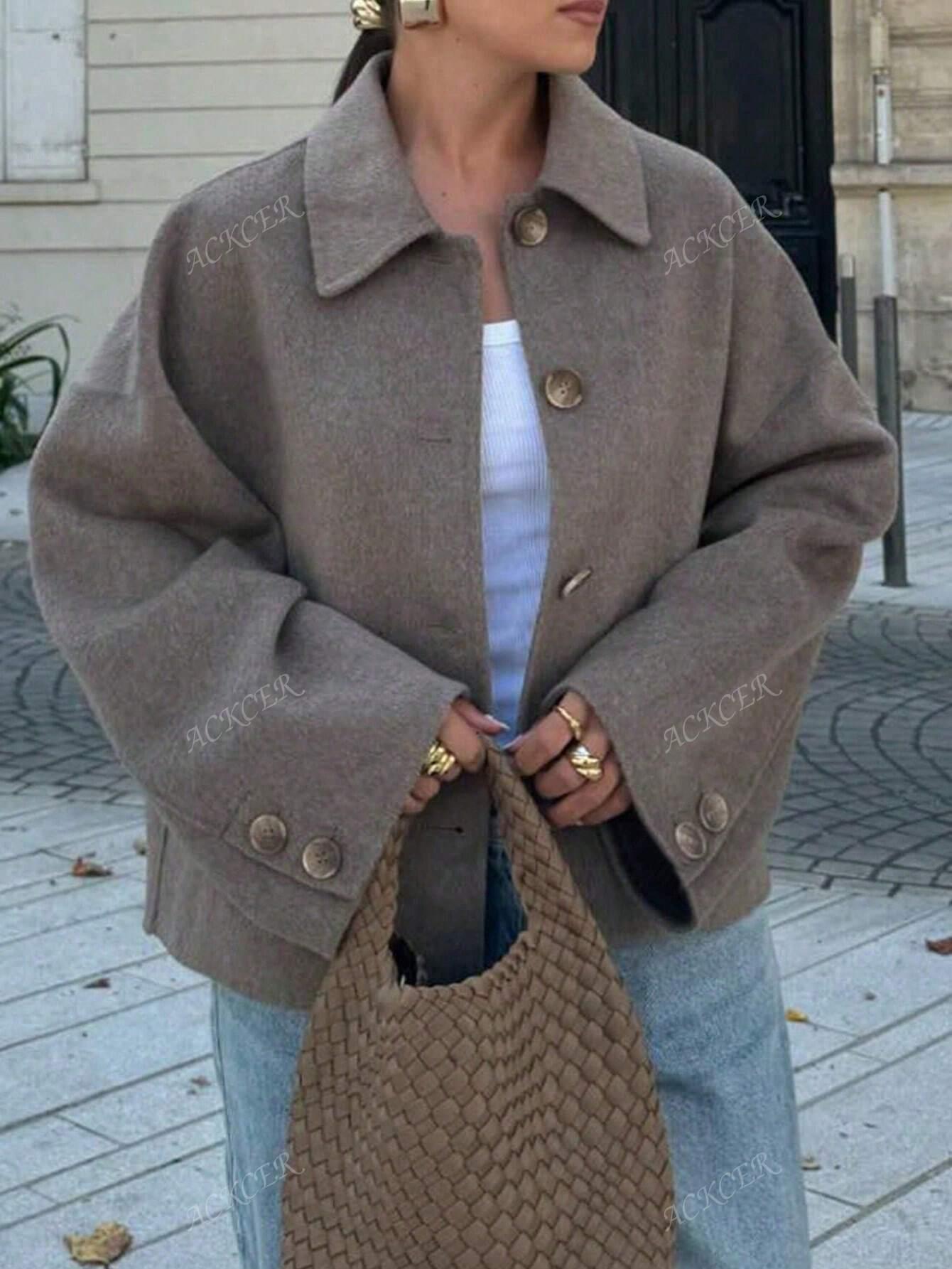 SHEIN BRĄZOWY PŁASZCZ GUZIKI W01__XS