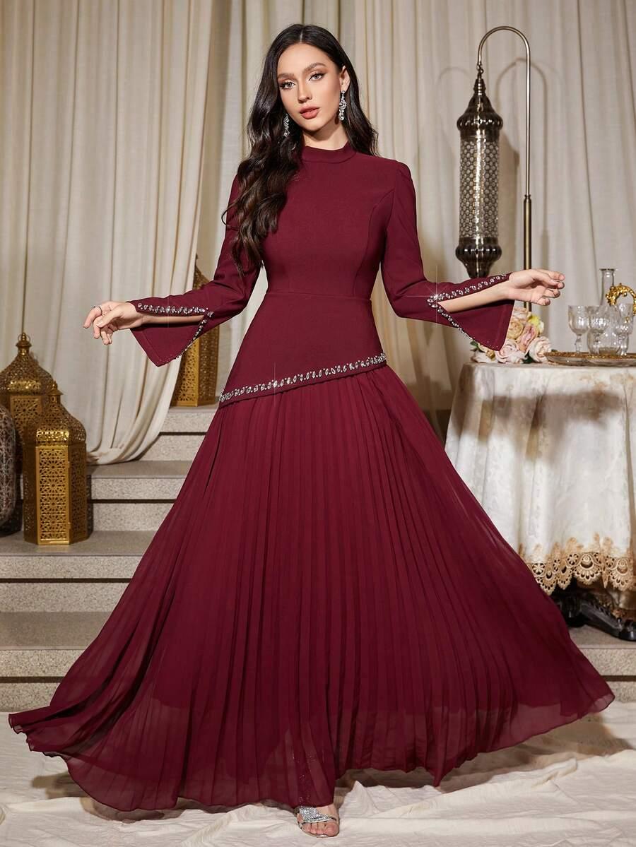 SHEIN BORDOWA MAXI SUKIENKA DŁUGI RĘKAW S06__M