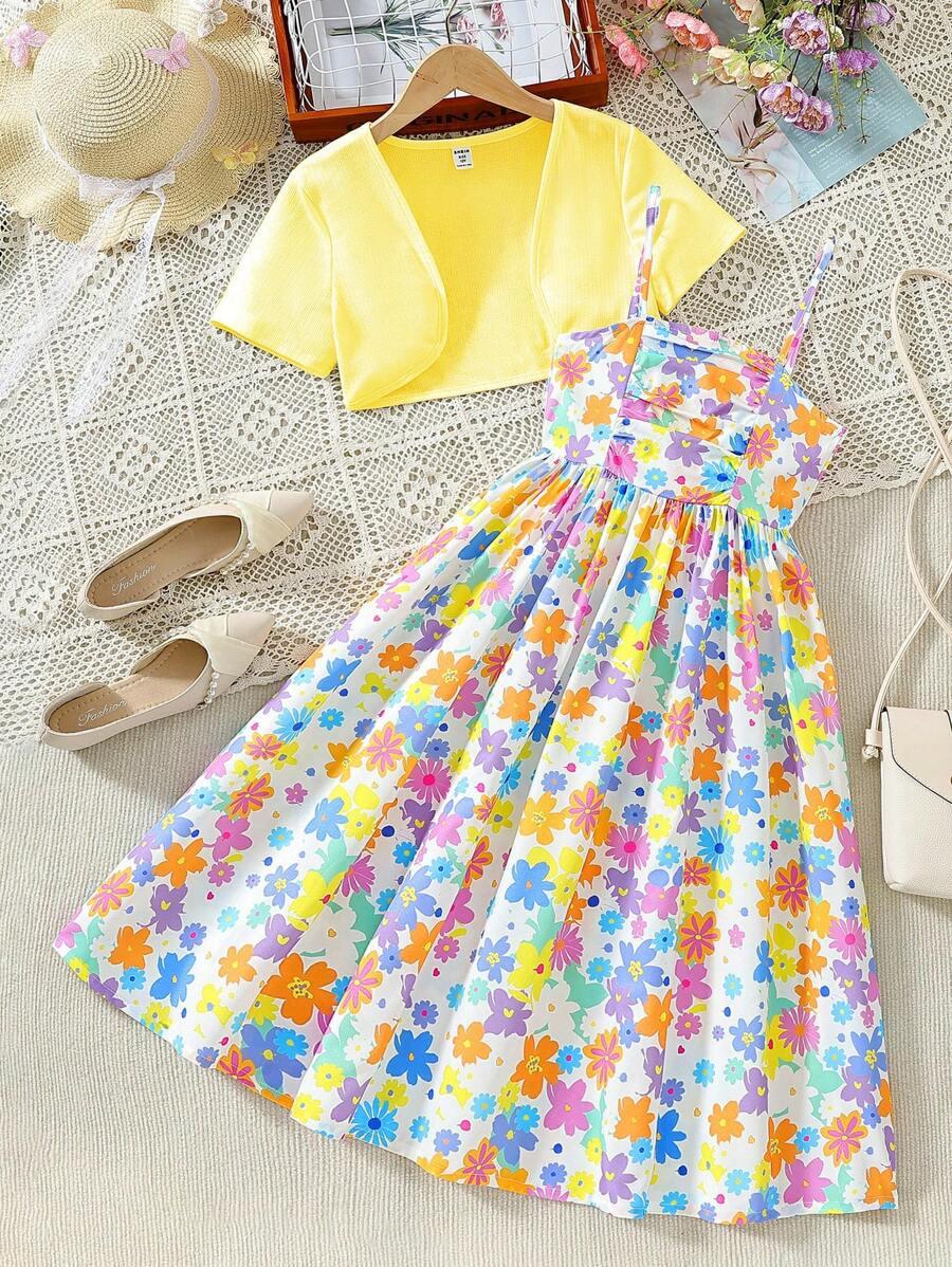 SHEIN SUKIENKA KWIATY RAMIĄCZKA BOLERKO KOMPLET PK01__134-140
