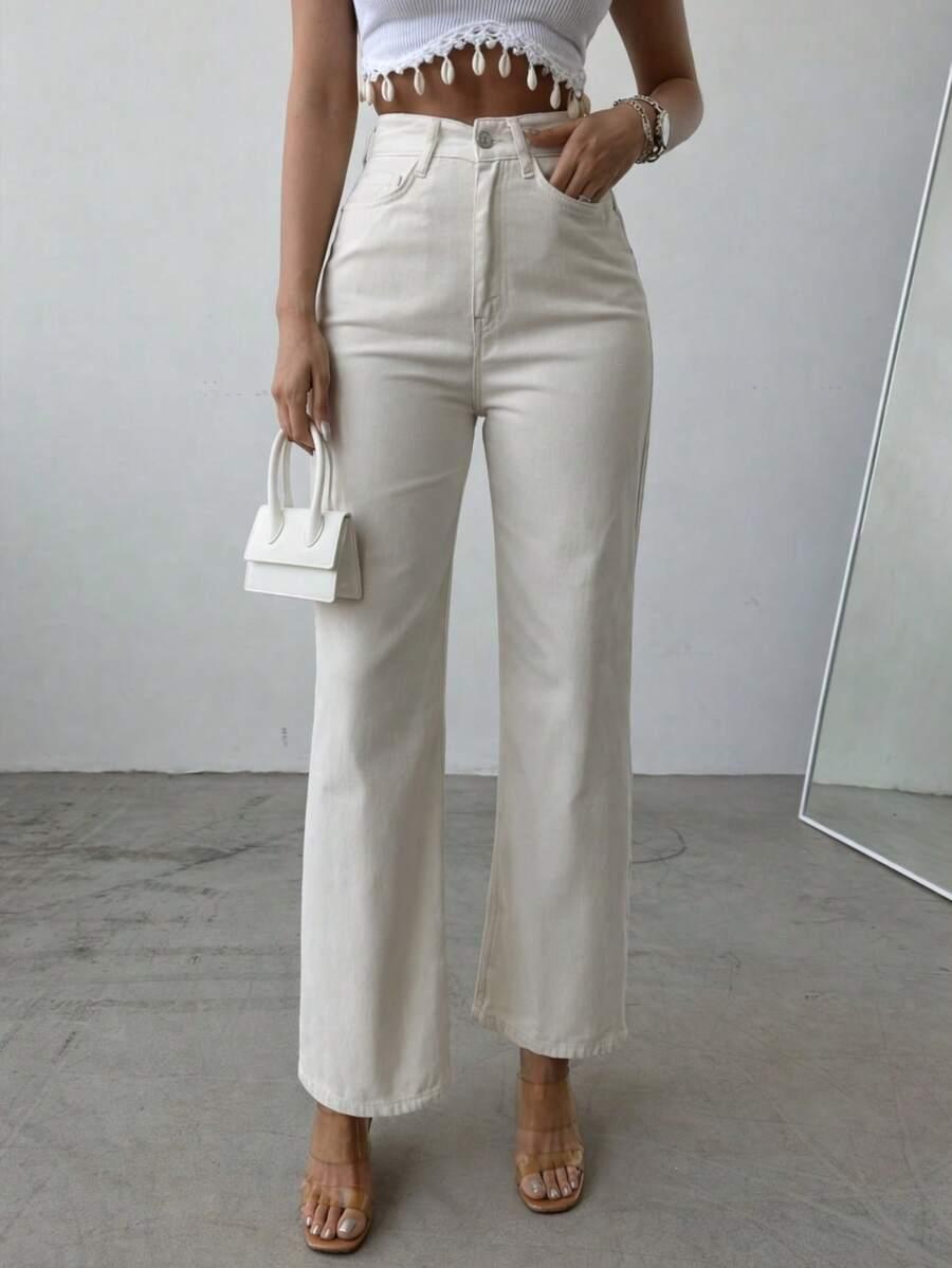 SHEIN KREMOWE SPODNIE JEANS S06__S
