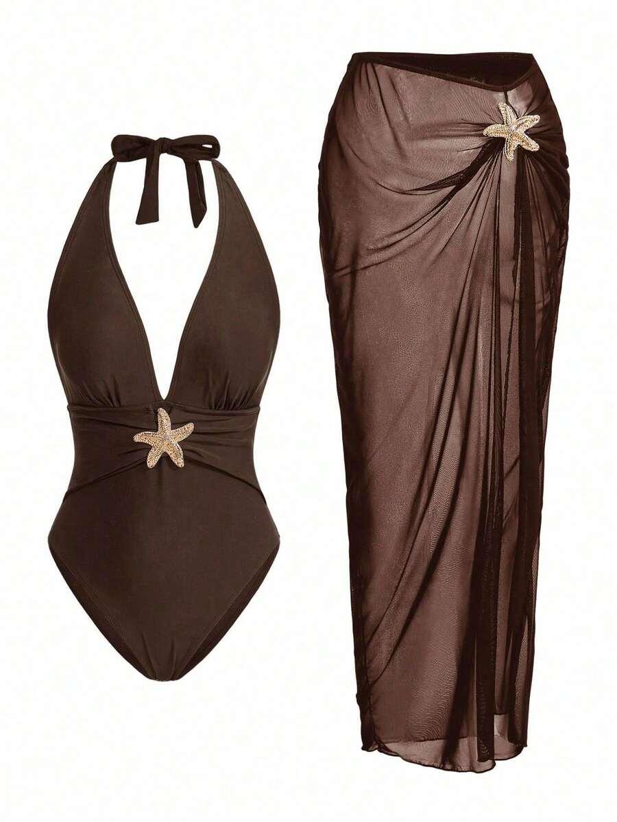 SHEIN JEDNOCZĘŚCIOWY STRÓJ KĄPIELOWY SPÓDNICA KOMPLET S09__L