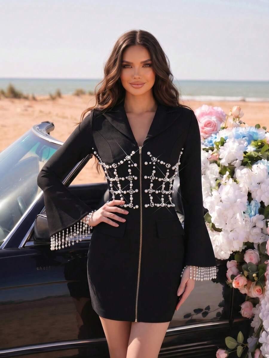 SHEIN CZARNA MINI SUKIENKA ZDOBIENIE S06__S