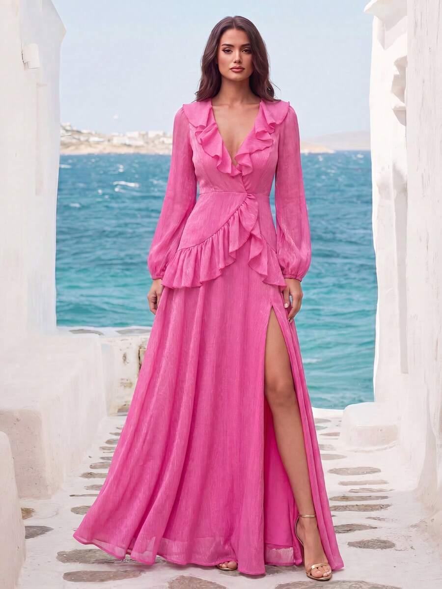 SHEIN RÓŻOWA MAXI SUKIENKA Z DŁUGIM RĘKAWEM S06__L