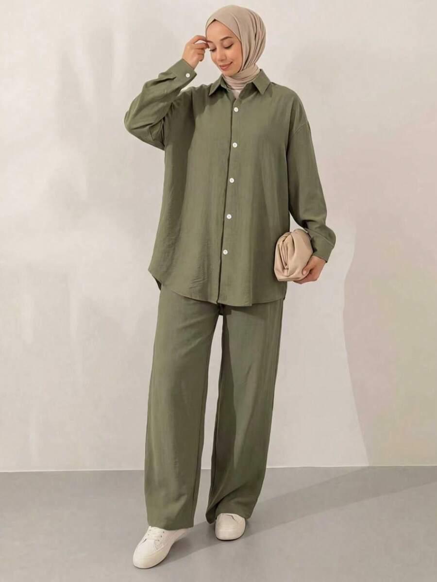 SHEIN ZIELONY KOMPLET SPODNIE KOSZULA PK01__XL