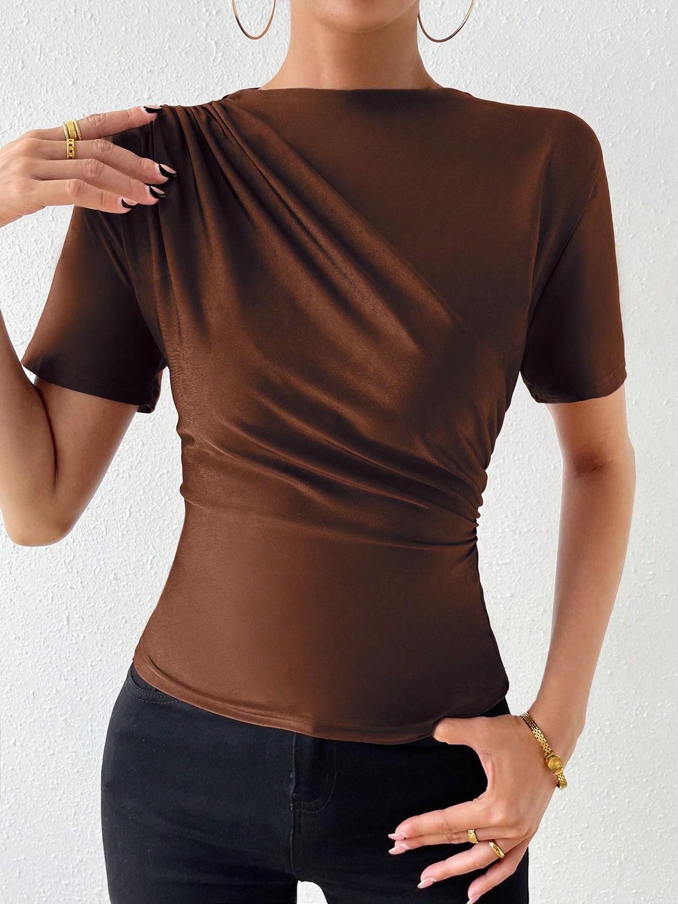 SHEIN BRĄZOWY TOP MARSZCZENIE S06__L