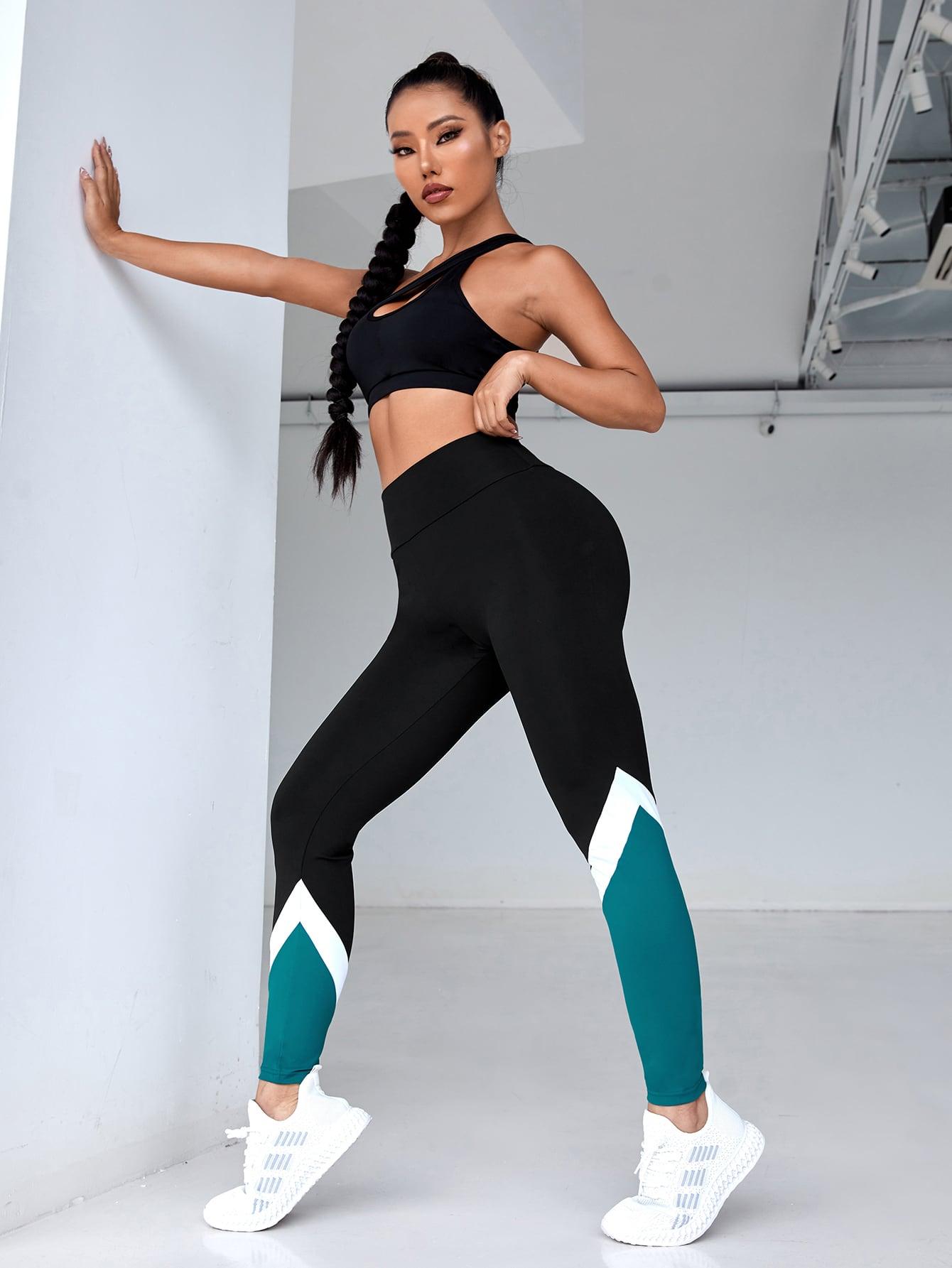 SHEIN CZARNE LEGGINSY SPORTOWE KONTRAST PK01__L