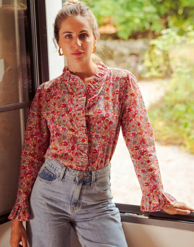 SHEIN BLUZKA WZÓR KWIATY FALBANY PK01__S