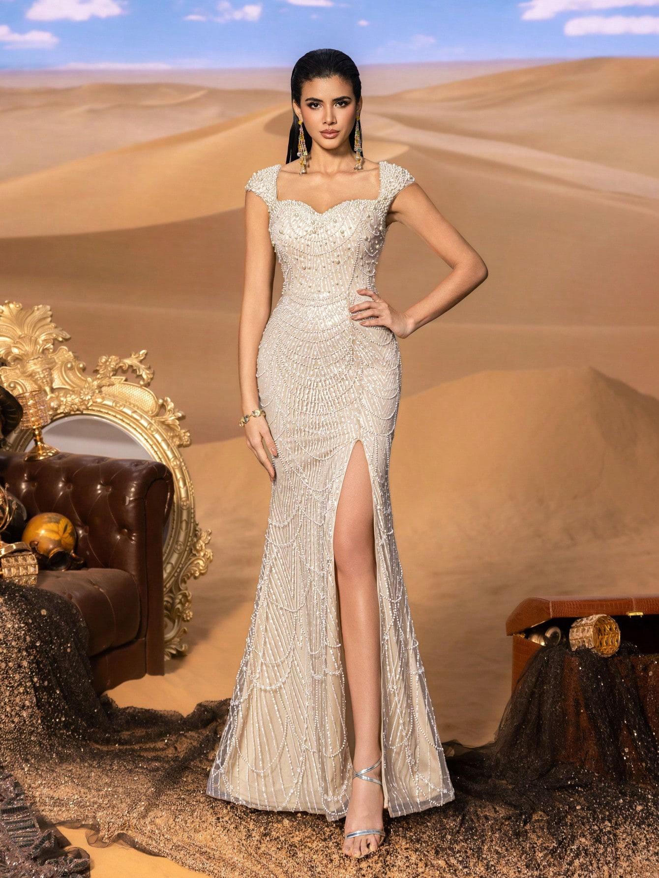 FAERIESTY BEŻOWA MAXI SUKIENKA ZDOBIENIE S06__L