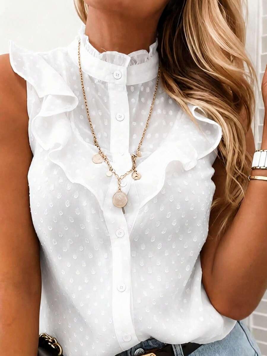 SHEIN BIAŁY TOP BEZ RĘKAWÓW STRUKTURA FALBANY PK01__S