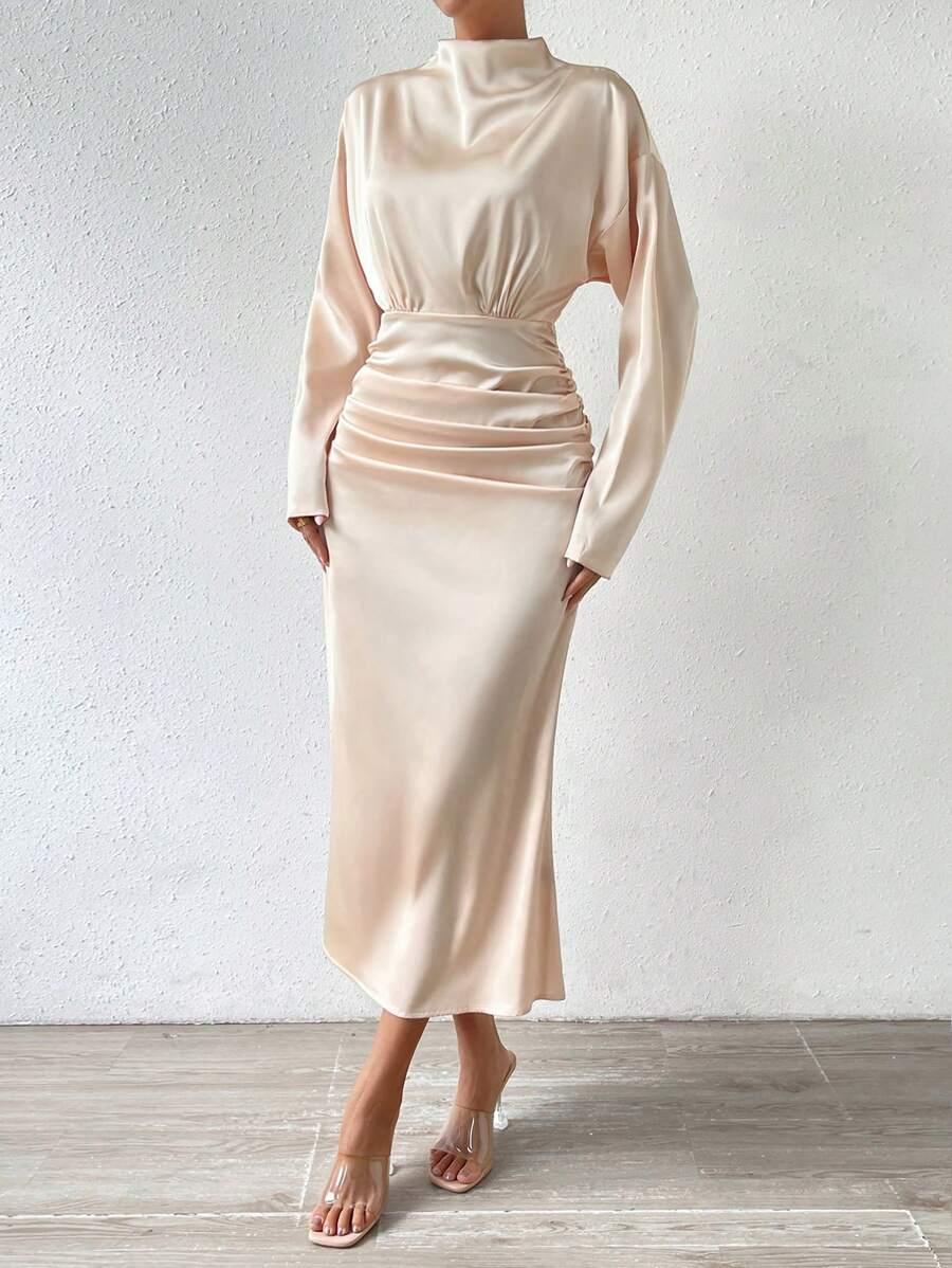 SHEIN BEŻOWA SATYNOWA MIDI SUKIENKA S06__L