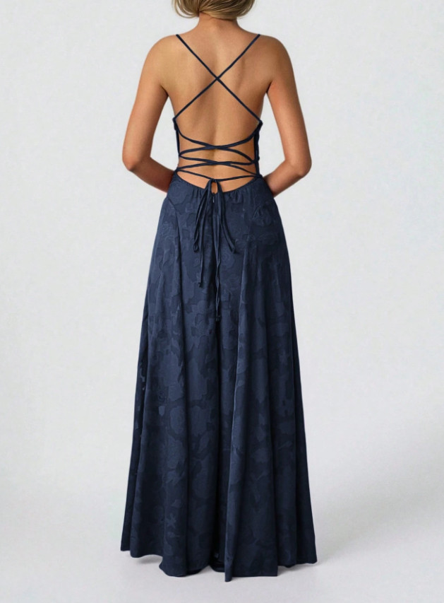SHEIN GRANATOWA MAXI SUKIENKA KWIATY TEKSTURA WIĄZANIE S06__XL