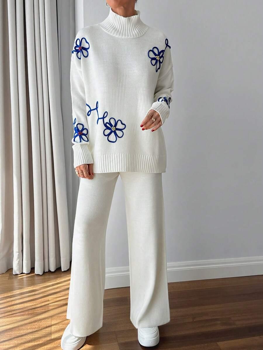 SHEIN DZIANINOWY KOMPLET SWETER SPODNIE HAFT S06__L