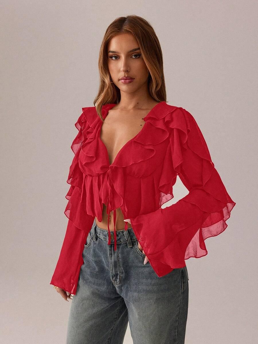 SHEIN CZERWONA BLUZKA FALBANA S06__XL