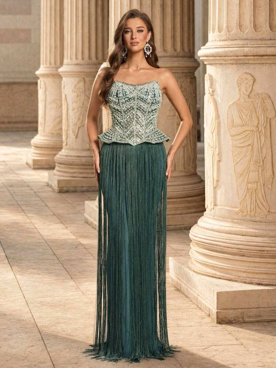 GLAMRAE ZIELONA SUKIENKA MAXI ZDOBIENIA FRĘDZLE S06__L