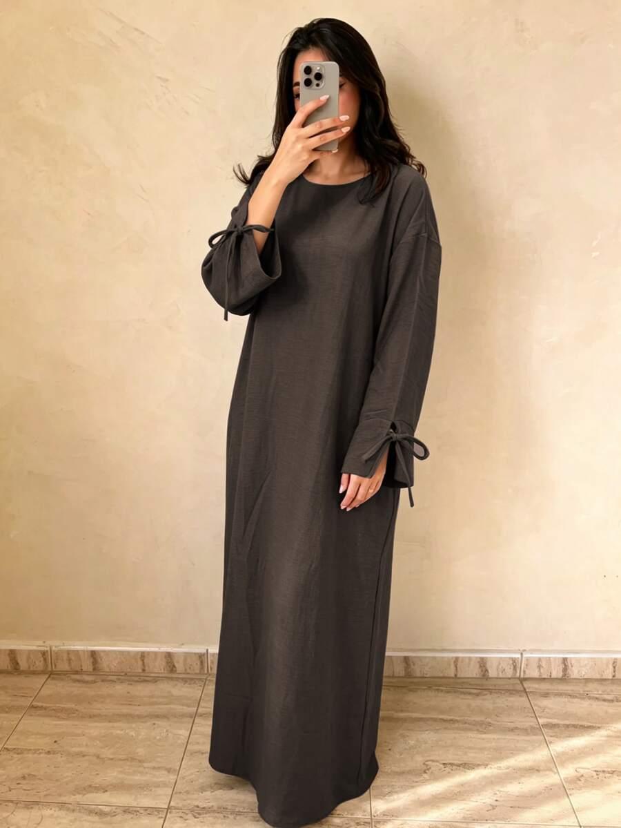 SHEIN BRĄZOWA MAXI SUKIENKA DŁUGI RĘKAW PK01__L