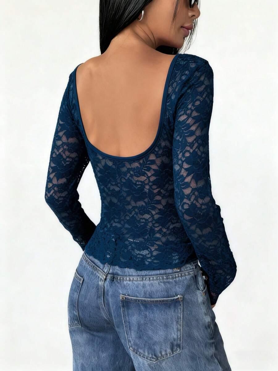 SHEIN GRANATOWA BLUZKA ODKRYTE PLECY KORONKA S07__XL