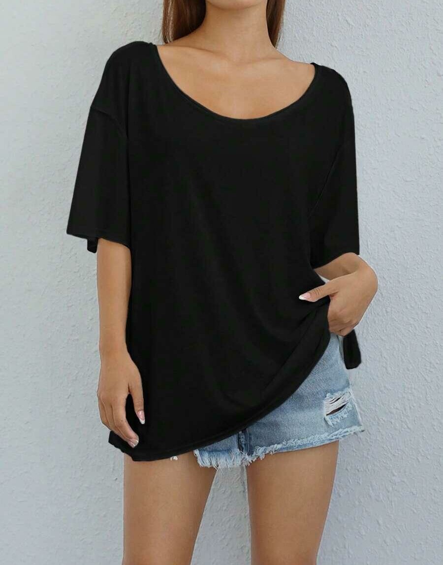 SHEIN CZARNA BLUZKA OKRĄGŁY DEKOLT S06__L