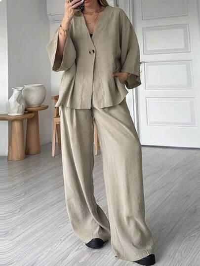 SHEIN BEŻOWY KOMPLET BLUZKA SPODNIE S09__XL