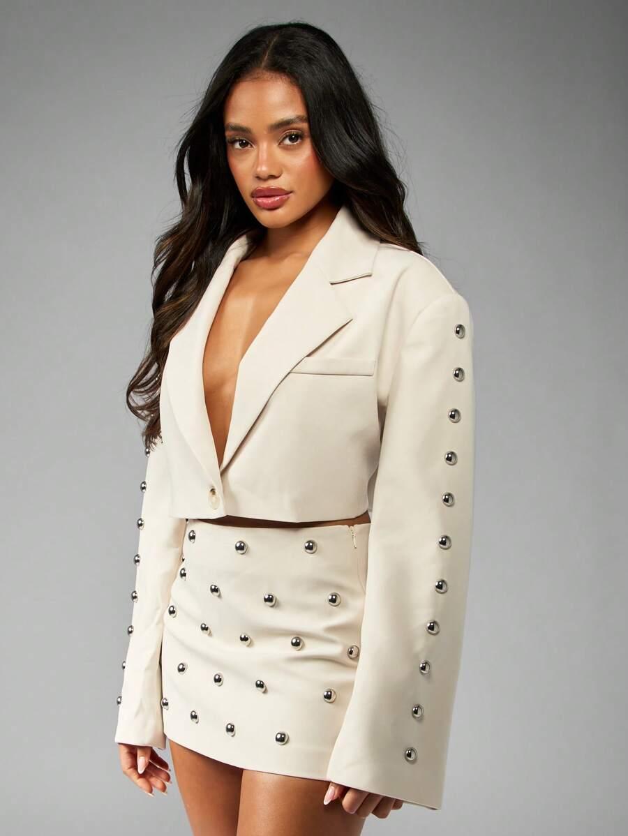 SHEIN BEZOWY KOMPLET MARYNARKA SPÓDNICA S06__L