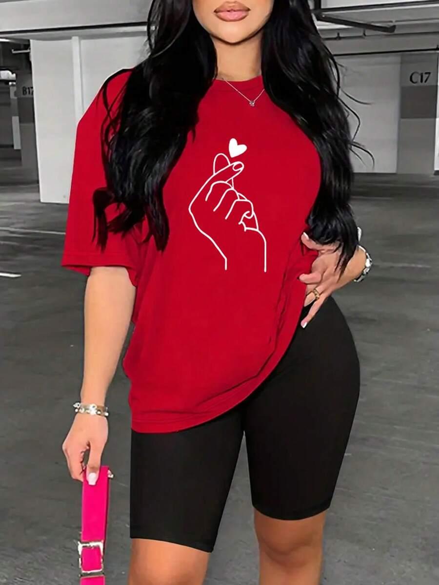 SHEIN CZERWONY T-SHIRT NADRUK SPODENKI KOMPLET S06__L